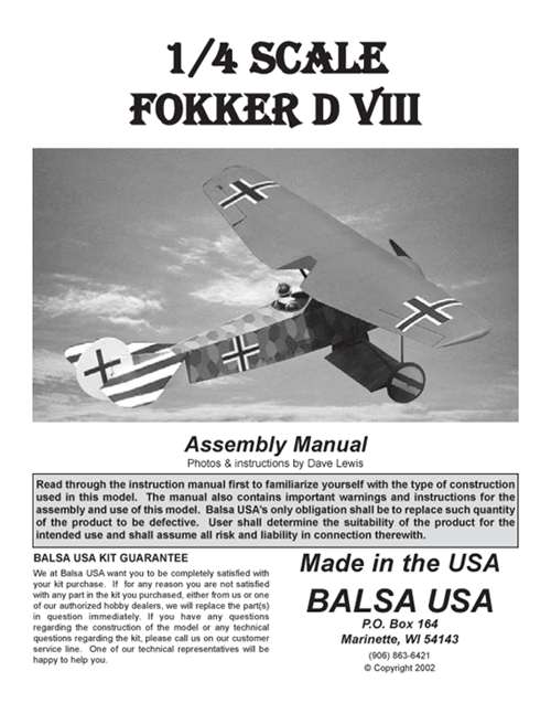 1/4 Scale Fokker D-8 Instruction Manual