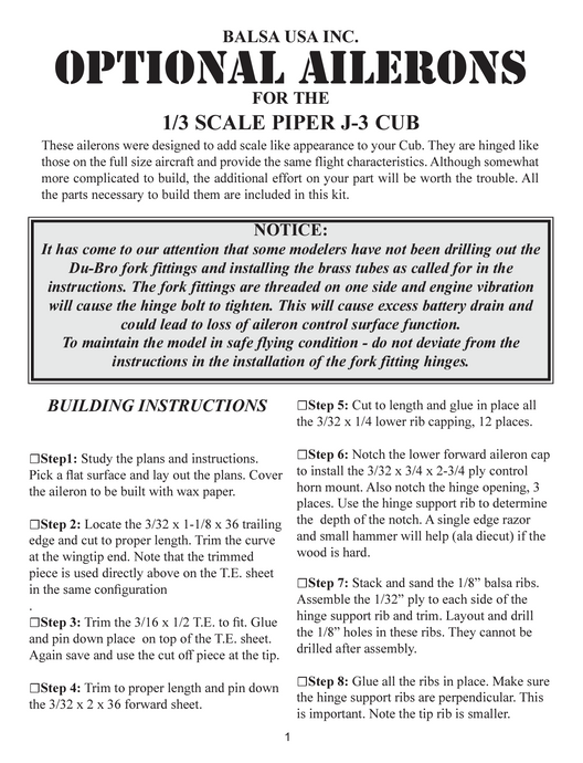 1/3 Scale J-3 Cub Aileron Digital Manual