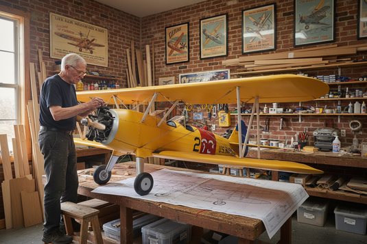 Elderly craftsman assembling large-scale 10-foot wingspan Stearman model