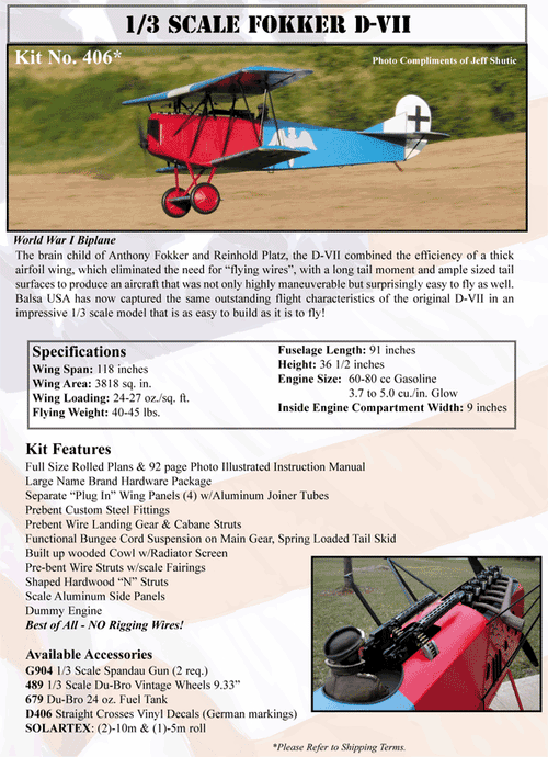 1/3 Fokker D-7 Kit Package w/   (1) set of 1/3 Wheels,  (2) 1/3 Spandau guns,   (1) set of 1/3 D-7 crosses,   (1)  1/3 mercedes D111 dummy engine