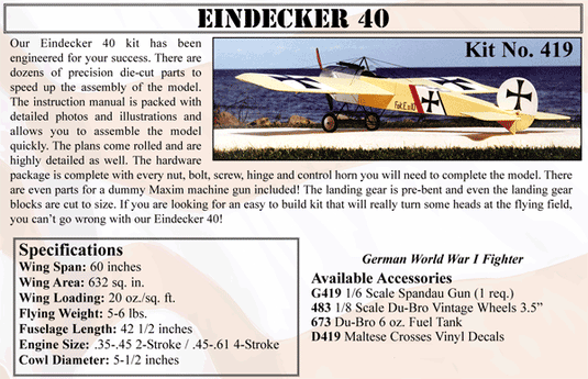 Eindecker 40 Kit Package,  (1)  1/8 Du-Bro Vintage Wheels, (1)  Decals