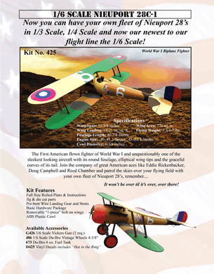 1/6 Scale Nieuport 28c-1 Kit Package,  (1) set 1/6 Du-Bro Vintage Wheels, (1) set Decals, (2) Vickers Machine Guns