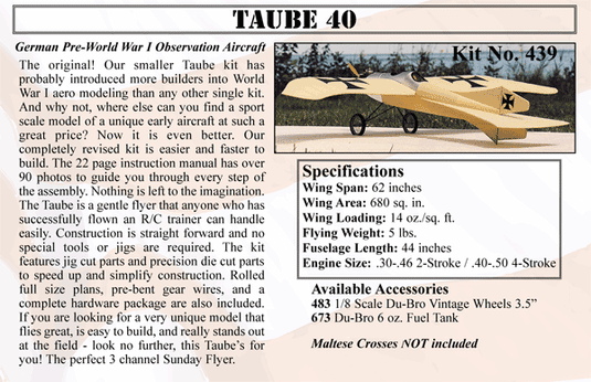 Taube 40 Kit Package,  (1) set 1/8 Du-Bro Vintage Wheels