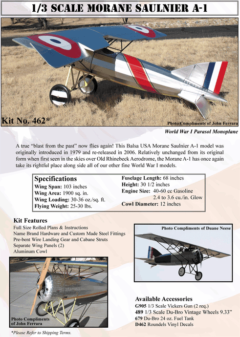 1/3 Morane Saulnier Kit Package,    1/3 Du-Bro vintage Wheels,  1/3 Vickers gun kits,   Decals
