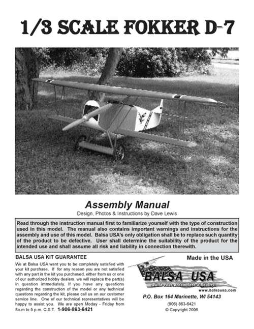 1/3 Scale Fokker D-Vll Plans and Instruction Manual