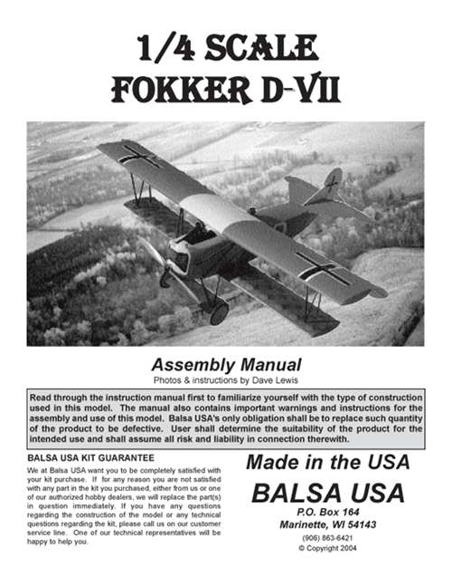 1/4 Scale Fokker D-Vll Plans and Instruction Manual