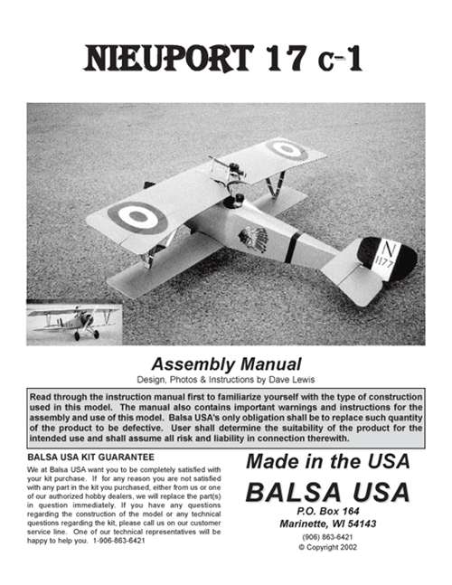 1/4 Scale Nieuport 17 Plans and Instruction Manual Balsa USA