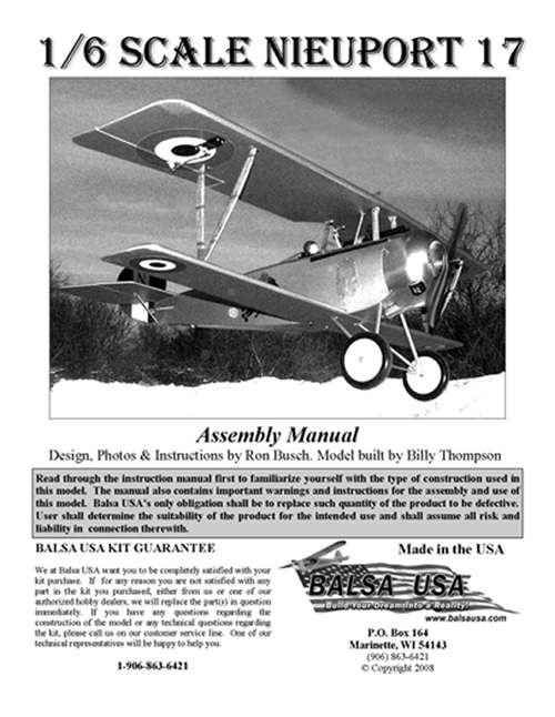 1/6 Scale Nieuport 17 Plans and Instruction Manual