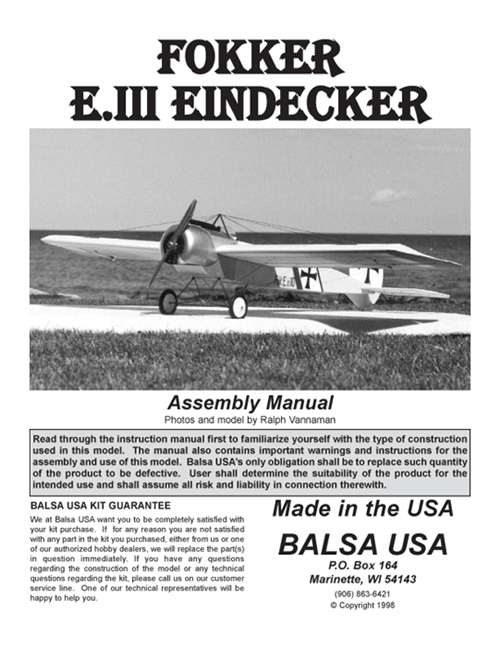 Fokker Eindecker 90 Plans and Instruction Manual