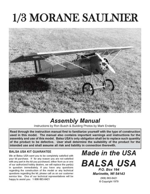 1/3 Scale Morane Saulnier Plans and Instruction Manual
