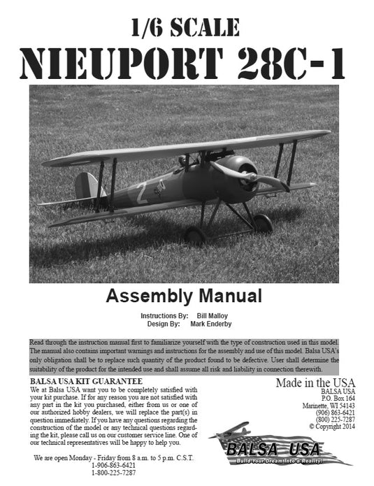 1/6 Scale Nieuport 28 Plans with Manual